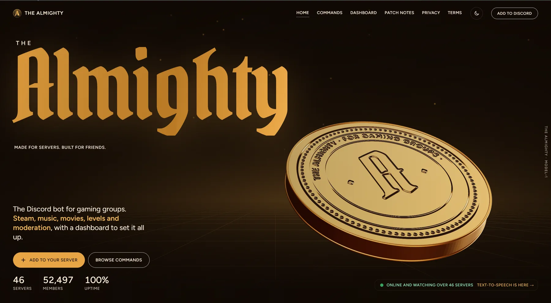 The Almighty website home page: a gold blackletter title and a 3D gold coin