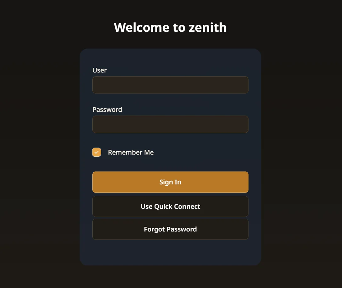 The zenith Jellyfin sign-in page with a gold Sign In button